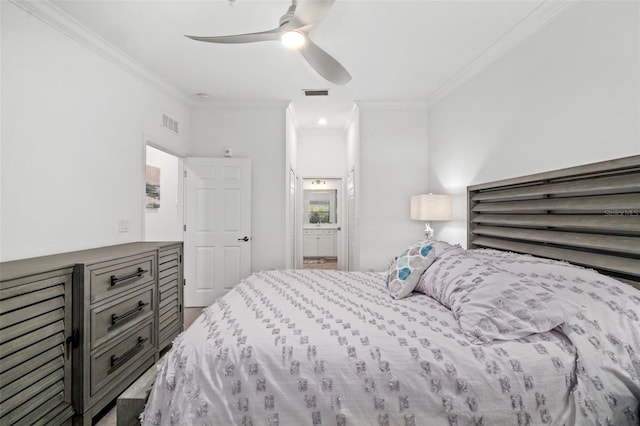 bedroom with ornamental molding, ensuite bathroom, ceiling fan, and visible vents