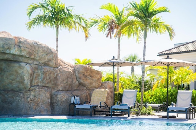 view of swimming pool featuring a patio area