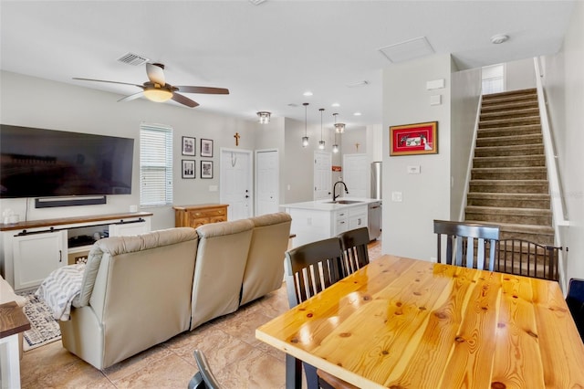 dining space featuring visible vents, recessed lighting, ceiling fan, and stairway