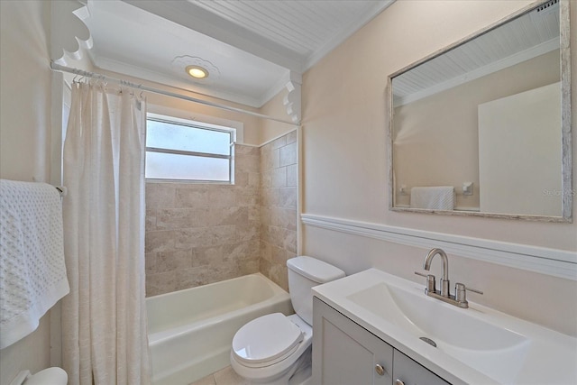 bathroom with vanity, ornamental molding, toilet, and shower / tub combo