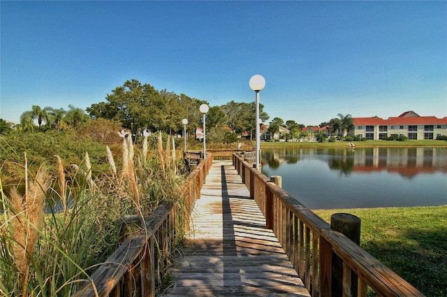 view of dock with a water view