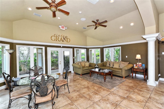 living area featuring recessed lighting, a ceiling fan, ornate columns, and visible vents
