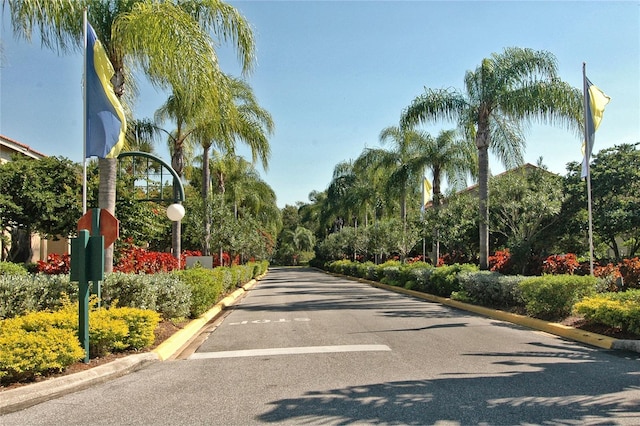 view of road with traffic signs and curbs