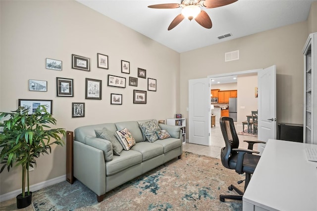 office featuring ceiling fan, visible vents, and baseboards