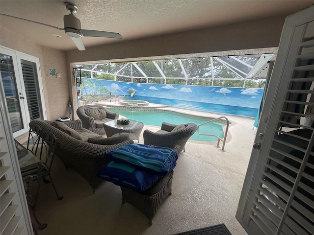 652 N Elm St, Englewood, FL 34223 - view of patio featuring a ceiling fan, glass enclosure, french doors, and a pool with connected hot tub