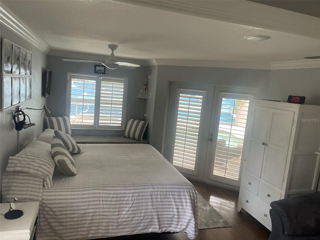 652 N Elm St, Englewood, FL 34223 - bedroom featuring ornamental molding, access to exterior, dark wood finished floors, and ceiling fan