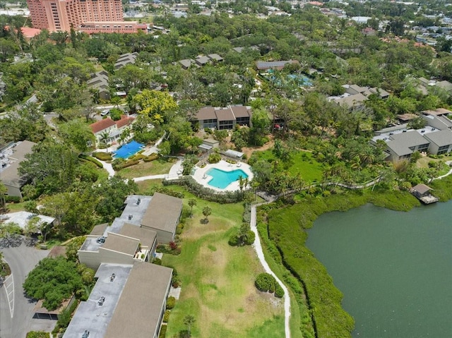 drone / aerial view featuring a water view