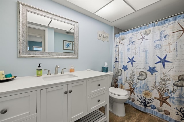 1458 Alwynne Dr N, Lehigh Acres, FL 33936 - bathroom featuring vanity, a shower with curtain, toilet, and visible vents