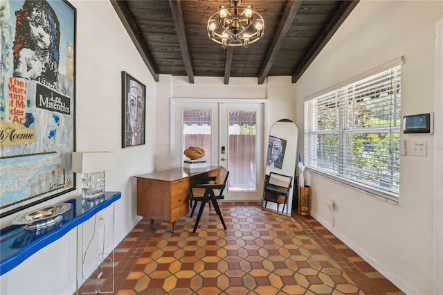 office with wooden ceiling, baseboards, lofted ceiling with beams, and a notable chandelier