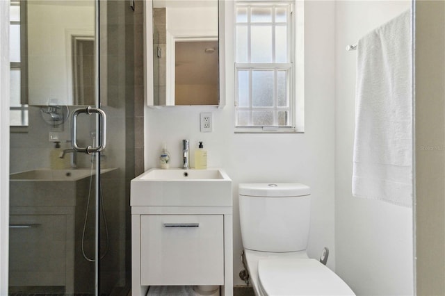 full bathroom featuring toilet, a shower with shower door, and vanity