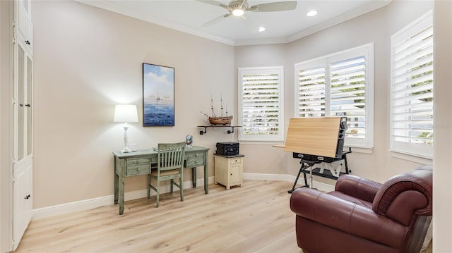 home office featuring recessed lighting, light wood finished floors, crown molding, ceiling fan, and baseboards