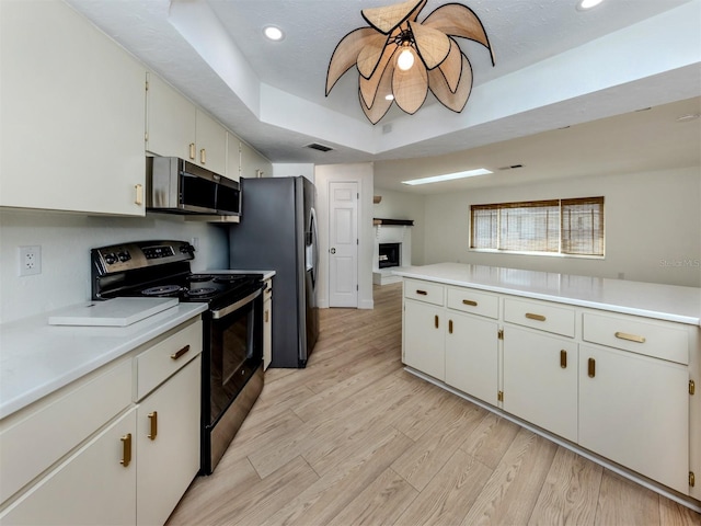 245 Woodingham Trl, Venice, FL 34292 - kitchen with stainless steel appliances, light countertops, light wood finished floors, a raised ceiling, and a ceiling fan