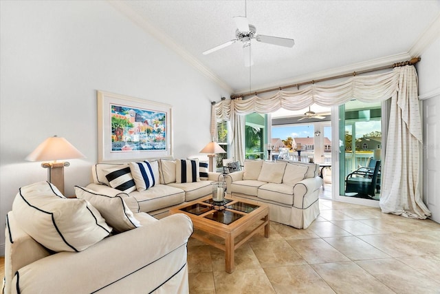 living room with ceiling fan, a textured ceiling, crown molding, lofted ceiling, and light tile patterned flooring
