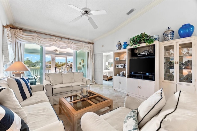 living area with ceiling fan, a textured ceiling, visible vents, crown molding, and lofted ceiling