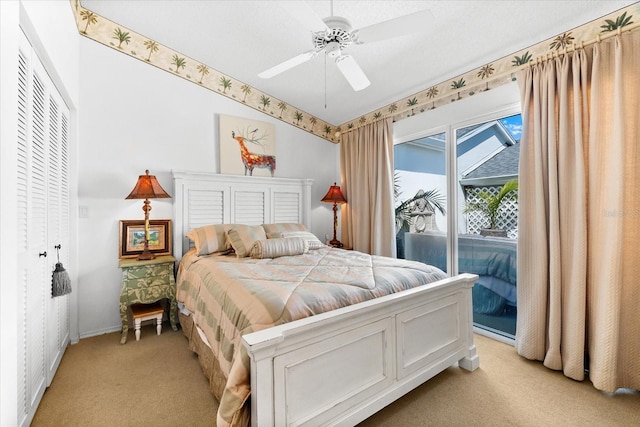 bedroom with ceiling fan, light colored carpet, access to exterior, and baseboards