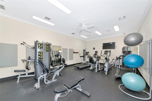 workout area with ornamental molding, a ceiling fan, and visible vents