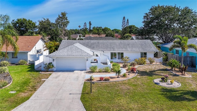 6012 11th Ave W, Bradenton, FL 34209 - ranch-style home with fence, concrete driveway, a garage, stucco siding, and a front lawn