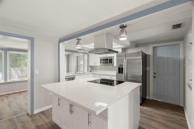 kitchen featuring island exhaust hood, a sink, stainless steel appliances, white cabinetry, and visible vents