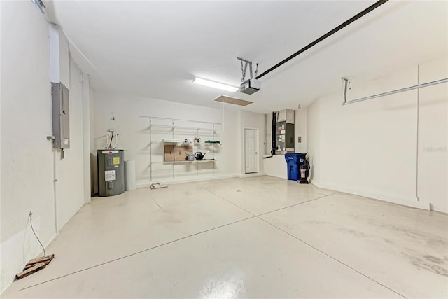 garage with water heater, a garage door opener, and electric panel