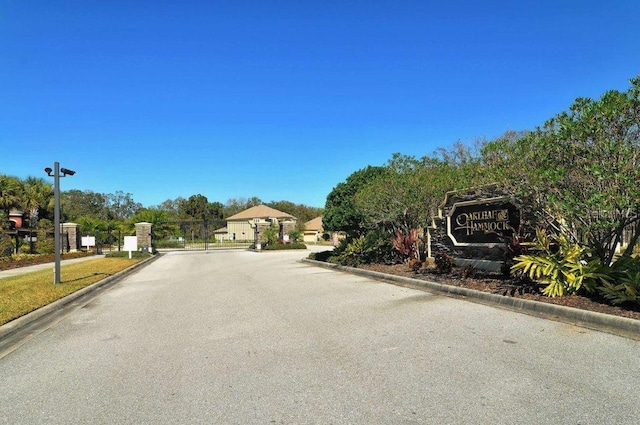 view of asphalt road featuring street lighting, curbs, and a gated entry