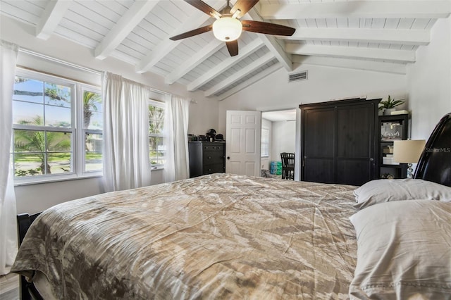 bedroom featuring ceiling fan, lofted ceiling with beams, and visible vents