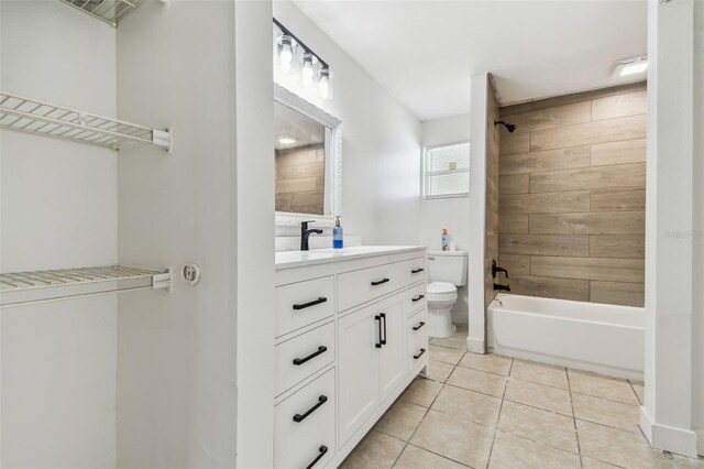 bathroom with toilet, bathing tub / shower combination, tile patterned flooring, and vanity