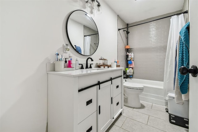 full bathroom with toilet, tile patterned flooring, vanity, and shower / bath combination with curtain