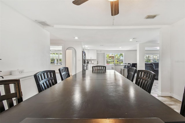 dining room featuring ceiling fan, visible vents, and recessed lighting