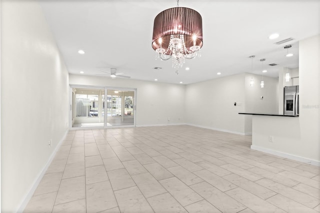 unfurnished room featuring visible vents, baseboards, a ceiling fan, and recessed lighting