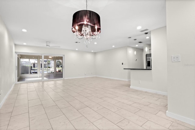 unfurnished room with an inviting chandelier, baseboards, visible vents, and recessed lighting