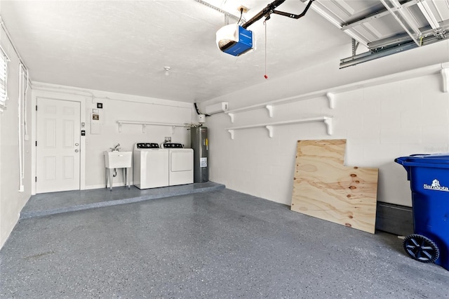 garage with a sink, separate washer and dryer, electric water heater, and a garage door opener