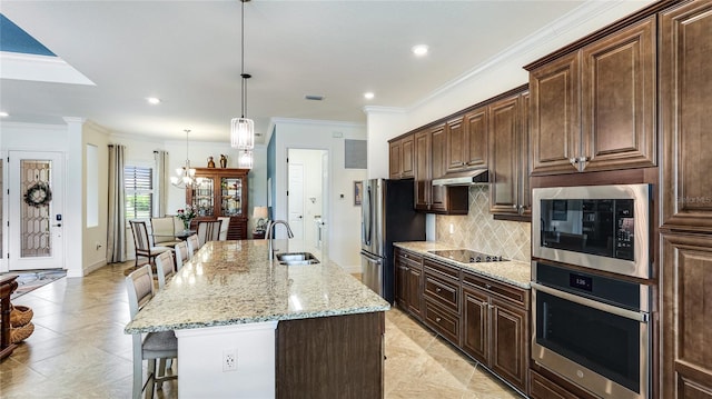 20359 Cristoforo Pl, Venice, FL 34293 - kitchen with appliances with stainless steel finishes, a sink, a kitchen bar, tasteful backsplash, and under cabinet range hood