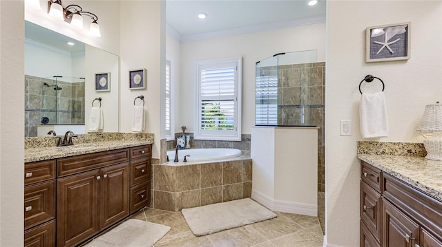 20359 Cristoforo Pl, Venice, FL 34293 - bathroom featuring a walk in shower, ornamental molding, a garden tub, vanity, and tile patterned flooring
