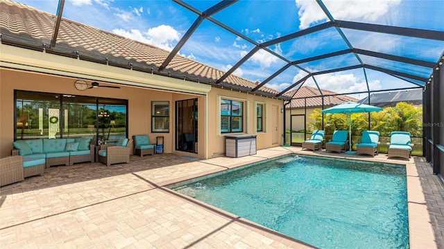 20359 Cristoforo Pl, Venice, FL 34293 - outdoor pool featuring an outdoor living space, a patio area, and glass enclosure