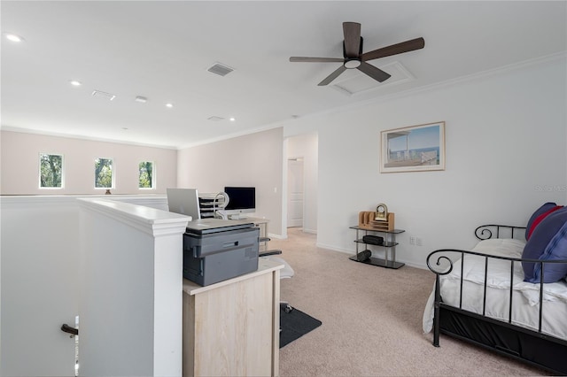 interior space featuring baseboards, ceiling fan, light carpet, ornamental molding, and recessed lighting