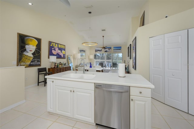 6748 Fairview Ter Unit 4-202, Bradenton, FL 34203 - kitchen with dishwasher, a sink, open floor plan, vaulted ceiling, and a ceiling fan