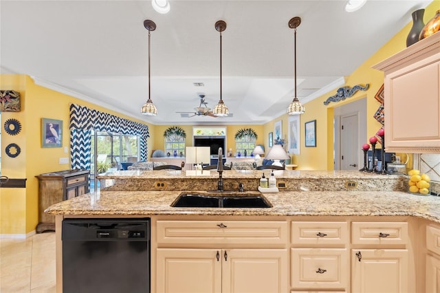 490 Pine Lily Way, Venice, FL 34293 - kitchen featuring dishwasher, a sink, ceiling fan, open floor plan, and ornamental molding