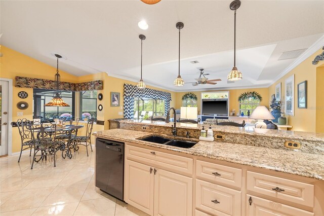 490 Pine Lily Way, Venice, FL 34293 - kitchen with a sink, dishwasher, light stone countertops, a ceiling fan, and ornamental molding
