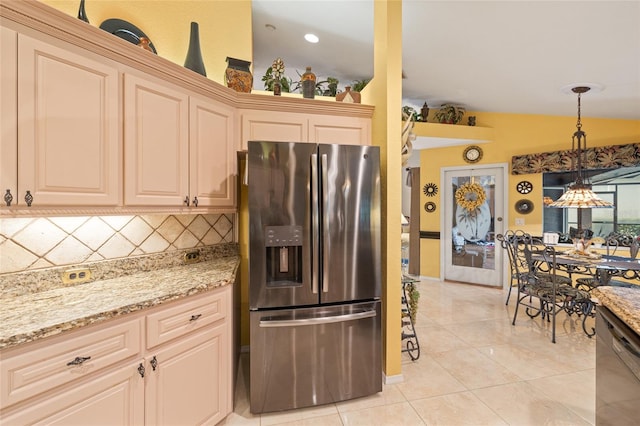 490 Pine Lily Way, Venice, FL 34293 - kitchen with stainless steel refrigerator with ice dispenser, decorative backsplash, dishwashing machine, light stone counters, and cream cabinets