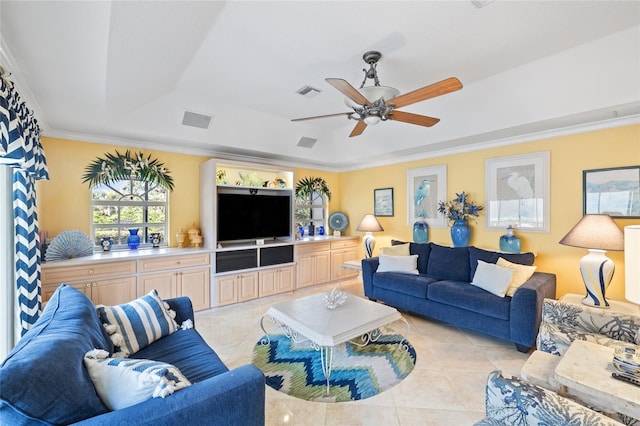 490 Pine Lily Way, Venice, FL 34293 - living room with a raised ceiling, crown molding, ceiling fan, and light tile patterned floors