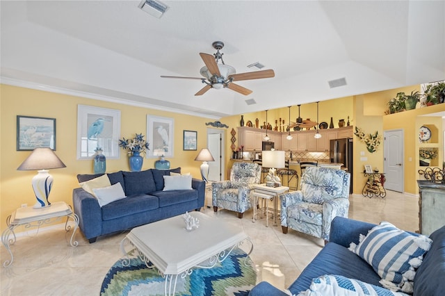 490 Pine Lily Way, Venice, FL 34293 - living area featuring a raised ceiling, ceiling fan, and light tile patterned floors