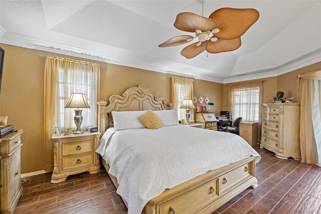 490 Pine Lily Way, Venice, FL 34293 - bedroom with a tray ceiling, dark wood-type flooring, ornamental molding, baseboards, and a ceiling fan