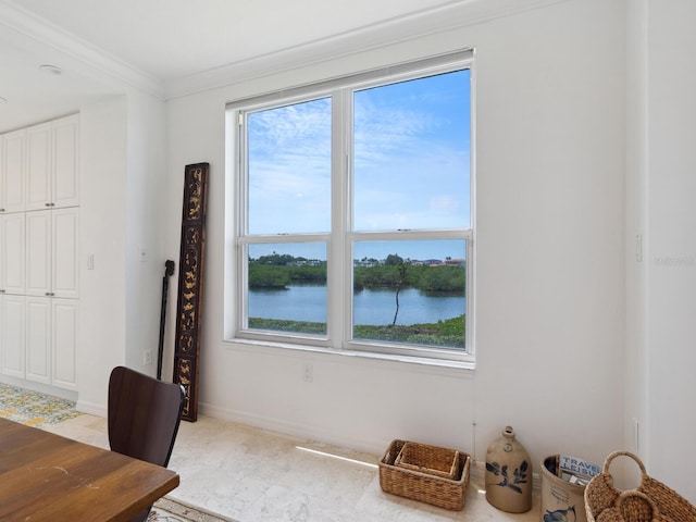 unfurnished office with healthy amount of natural light, a water view, baseboards, and ornamental molding