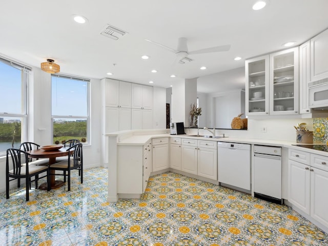 kitchen featuring white appliances, glass insert cabinets, recessed lighting, white cabinets, and a ceiling fan
