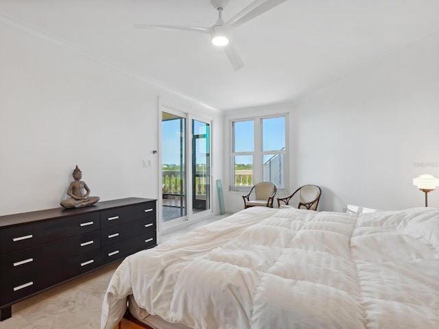 bedroom featuring access to exterior and ceiling fan