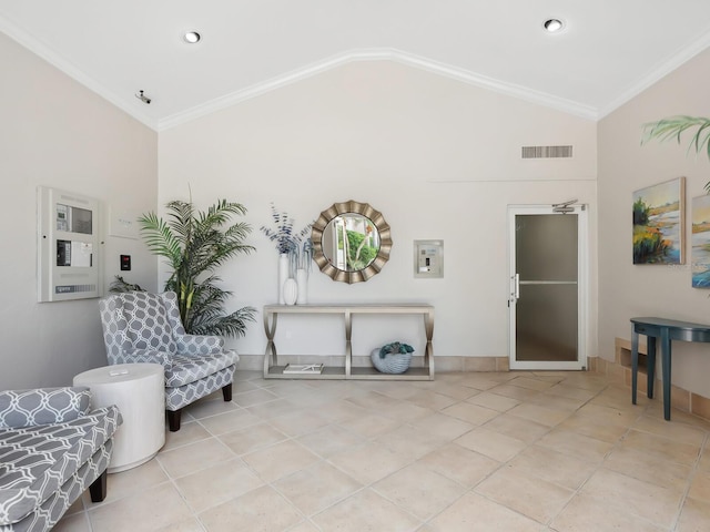 sitting room featuring crown molding, lofted ceiling, tile patterned floors, and recessed lighting