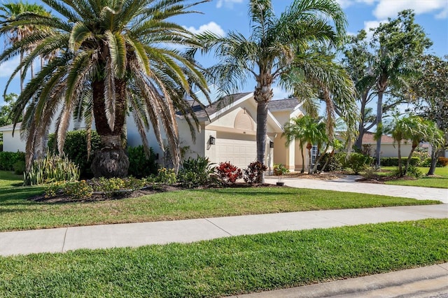 4063 Westbourne Cir, Sarasota, FL 34238 - view of front of home featuring stucco siding, a front yard, an attached garage, and driveway