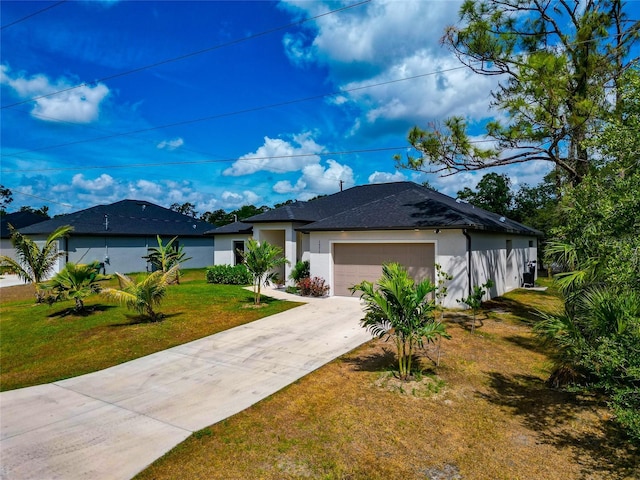 view of front facade featuring stucco siding, concrete driveway, a front yard, and a garage