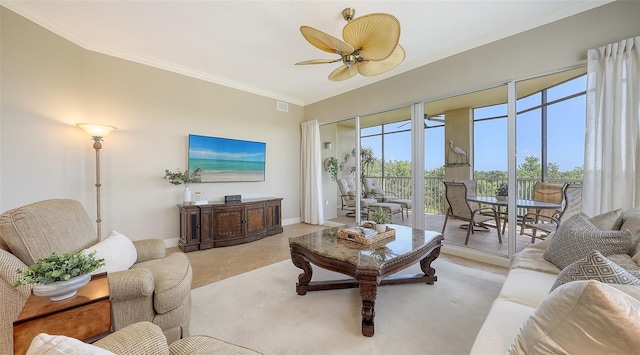 6465 Watercrest Way Unit 404, Lakewood Ranch, FL 34202 - living room featuring baseboards, ceiling fan, light tile patterned floors, and crown molding