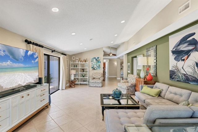 living room featuring light tile patterned floors, vaulted ceiling, recessed lighting, and ceiling fan